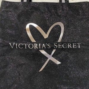 Victoria’s Secret Sparkling Black Canvas Tote Bag Silver Logo Shimmer Straps NWT